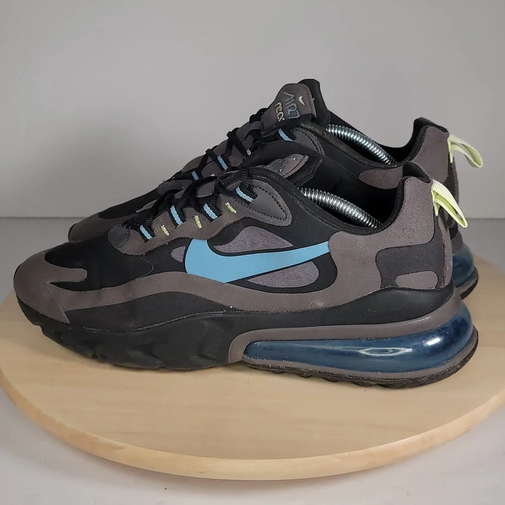Nike Air Max 270 React Athletic Running Shoes Men's 10.5 Black Gray Thunder Blue